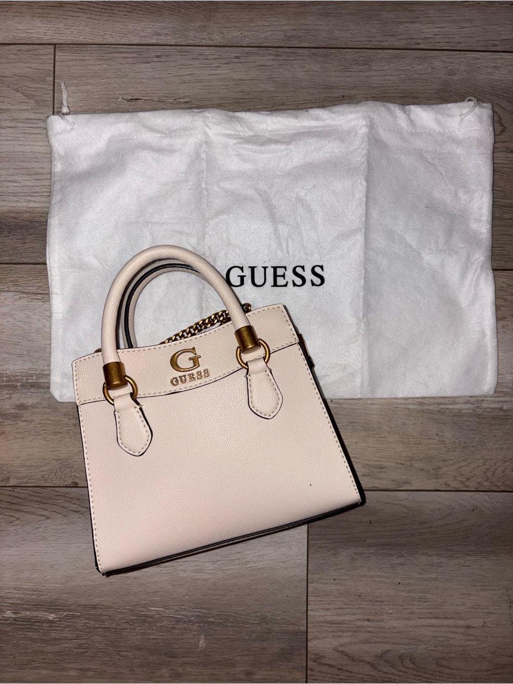 GUESS Cream Mini Satchel with Gold Hardware
